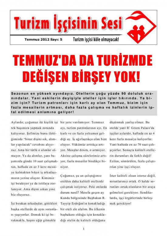 Turizm İşçisinin Sesi Sayı 5