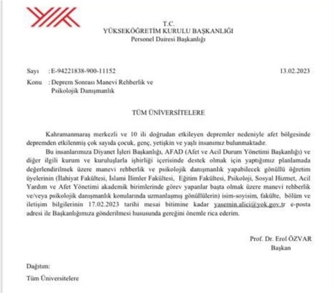 YOK manevi rehberlik tebligatı YOK manevi rehberlik tebligatı