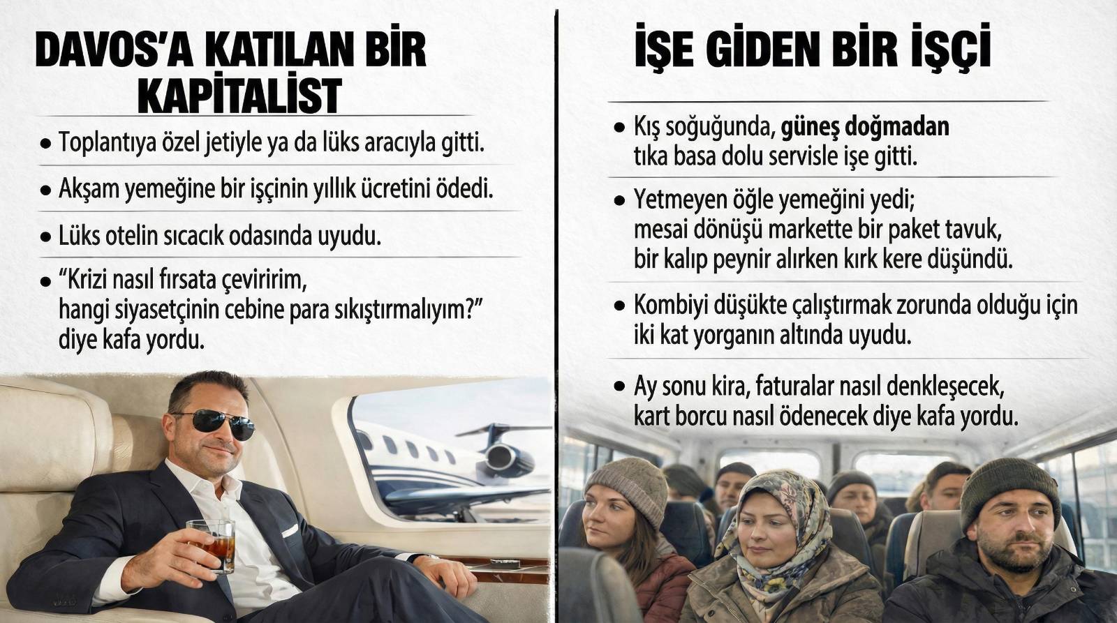 davosa giden kapitalist işe giden işçi